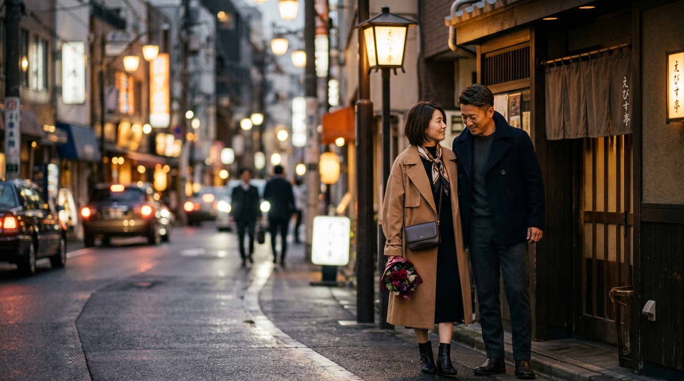 夕暮れの街角で密かに待ち合わせる大人の男女