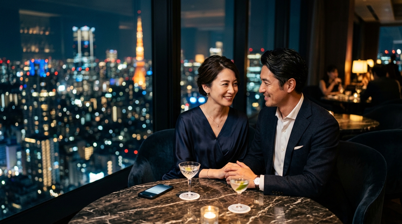 落ち着いた雰囲気のラグジュアリーラウンジで過ごす大人の男女