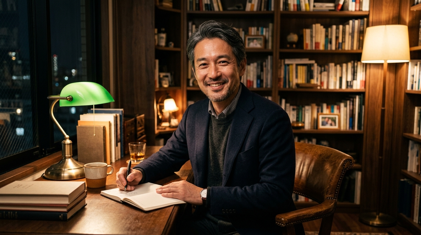 夜の書斎でペンを走らせながら温かい笑みを浮かべる40代紳士