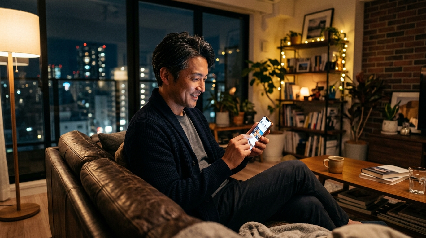 自宅リビングでリラックスしながらスマートフォンでマッチング通知を確認する日本人男性
